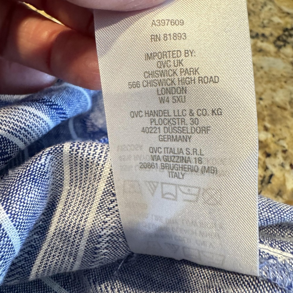 Susan Graver Shirt Womens Petite Large Blue Stripe Linen Button Long Sleeve - Picture 7 of 8
